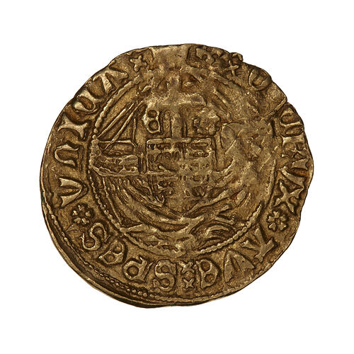 Coin, round, sailing ship bearing a shield quartered with the arms of England and France.