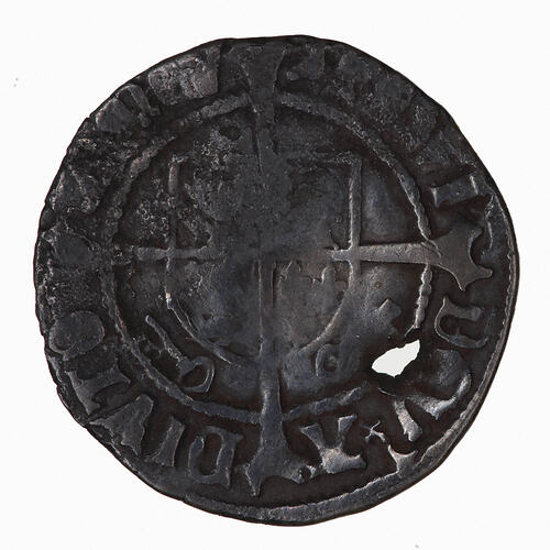 Coin, round, shield quartered with arms of England and France and dividing two keys.
