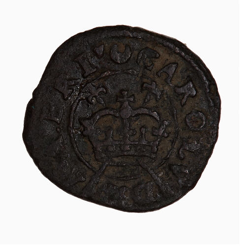 Token, round, at centre within a line circle, a crown with crossed sceptres behind; text around.