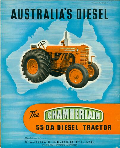 Leaflet cover - blue background with an orange tractor placed in an outline of Australia promoting a Diesel Tr