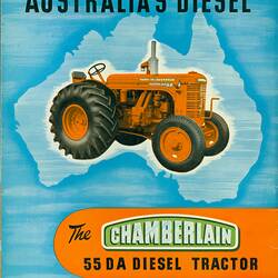 Leaflet cover - blue background with an orange tractor placed in an outline of Australia promoting a Diesel Tr