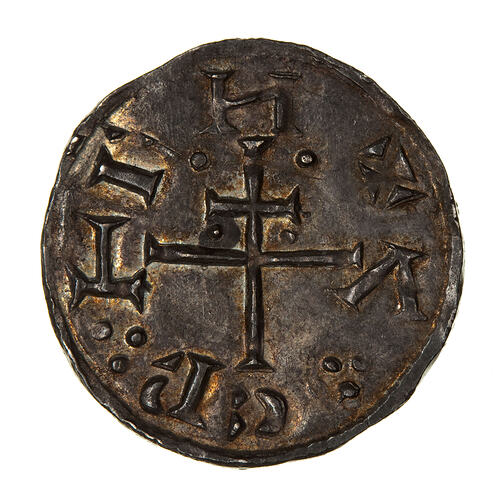 Coin, round, patriachal cross with the letters of the name CNVT at the ends of the main arms.