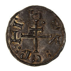 Coin, round, patriachal cross with the letters of the name CNVT at the ends of the main arms.