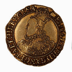 Coin, round, Within an inner bead circle, crowned bust of the Queen, wearing ruff and decorated dress.