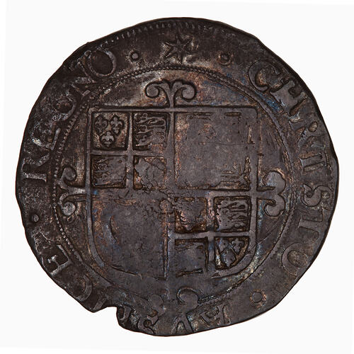 Coin, round, shield quartered with the arms of England, France, Scotland and Ireland.