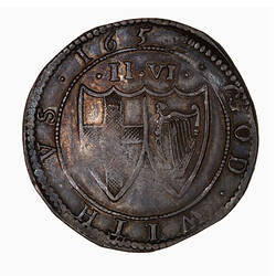 Coin, round, within a beaded circle two conjoined shields; one has St. George cross, the other the Irish harp.