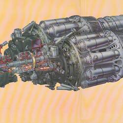 Double page colour illustration of  a sectioned aeroplane engine.