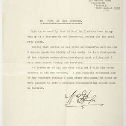 Reference - Bill Ikinger for Karl Muffler, Melbourne, 1935