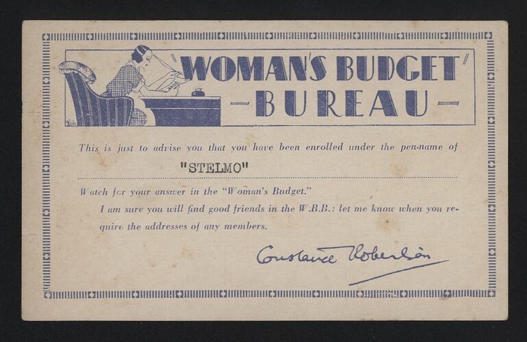 Flyer - 'Woman's Budget Bureau', enrollment confirmation card, circa 1930s