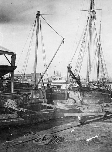 Boat on the slipway at Beauchamps Shipyard. Ropes in foreground.
