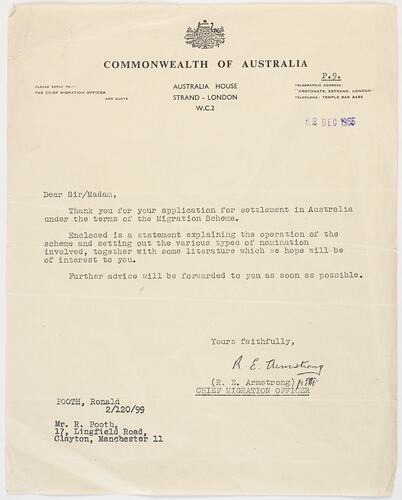Letter - Response to Enquiry about Immigration to Australia, Commonwealth of Australia to Ron Booth, 22 Dec 1955