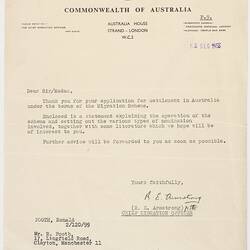 Letter - Response to Enquiry about Immigration to Australia, Commonwealth of Australia to Ron Booth, 22 Dec 1955