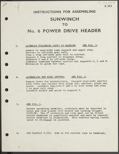 Instruction Leaflet - H.V. McKay Massey Harris, 'Instructions for Assembling Sunwinch to No 6 Power Drive Header', circa 1955