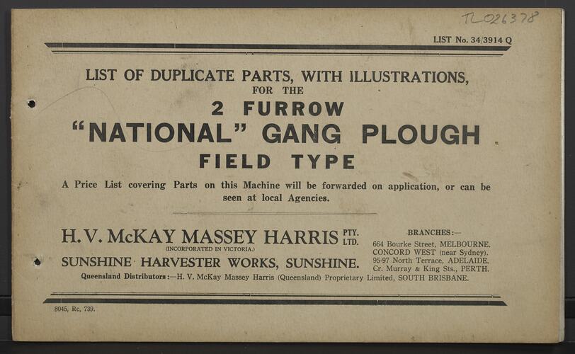 Parts List - H.V. McKay Massey Harris, '2 Furrow