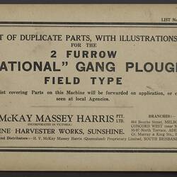 Parts List - H.V. McKay Massey Harris, '2 Furrow