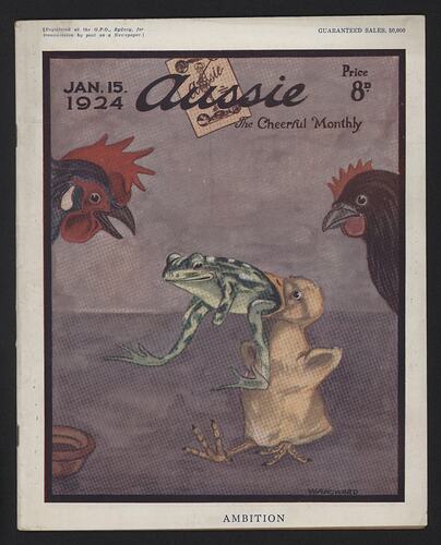 Periodical cover featuring a chick attempting to swallow a large frog.
