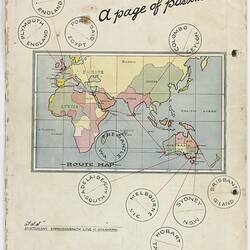 White page with black printed text and colour printed world map.