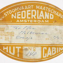 Baggage Label - NV Stoomvaart Maatschappij Nederland, Cabin, Nov 1959
