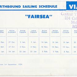 Sailing schedule for "Fairsea". Blue and white print.