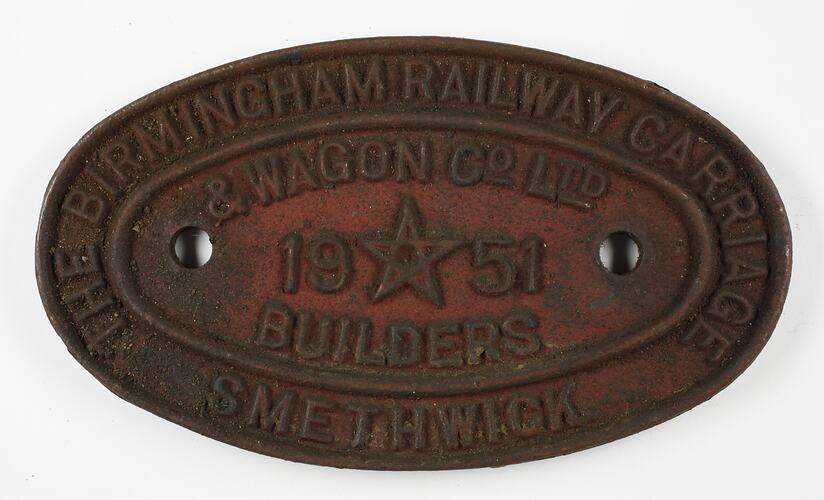 Rollingstock Builder's Plate - The Birmingham Railway Carriage & Wagon Co., Smethwick, England, 1951