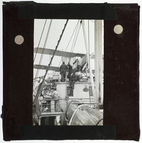 Lantern Slide - Stowage of Gipsy Moth Seaplane A7-55, Ellsworth Relief Expedition, Antarctica, 1935-1936