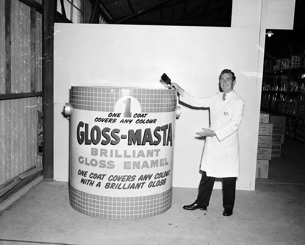 British Paints, Man with Giant Paint Can, East Oakleigh, Victoria, 1957