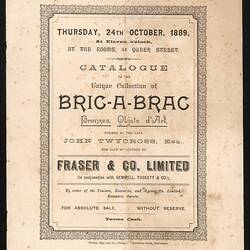 Catalogue - John Twycross, Sale of Bric-a-Brac, Bronzes, Objets D'Art, Fraser & Co., 24 Oct 1889