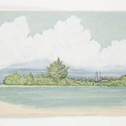 Colour artwork of a beach scene, with land mass with forest and lighthouse on off-white paper.