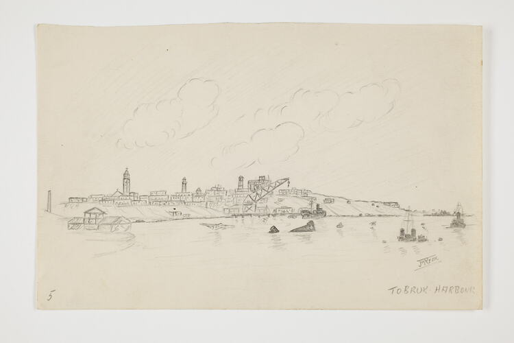 Drawing of a harbour on off-white paper.