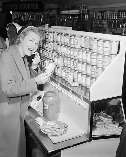 Negative - Mutual Store Ltd, Woman Tasting Kraft Spreads, Melbourne, Victoria, 1958