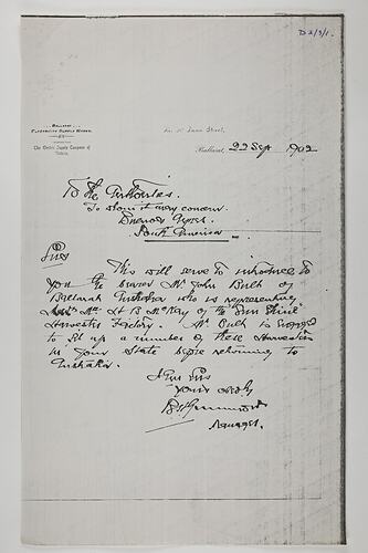 Copy of Letter - B. Gunnerson, to The Authorities, Letter of Introduction for J. Bult, 22 Sep 1902