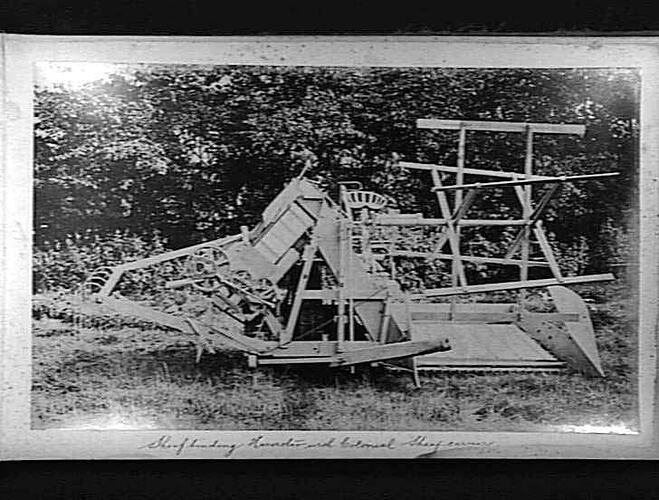 Photograph R Hornsby & Sons, Reaper-Binder Harvester with Colonial Sheaf Carrier, 1889