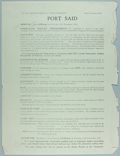 Notice - 'Port Said', SS Stratheden, 15 Nov 1961