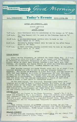 Information Sheet - P&O SS Stratheden, 'Today's Events', South China Sea, 3 Dec 1961