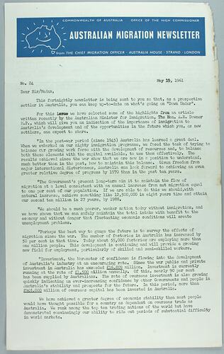 Newsletter - 'Australian Migration Newsletter', 19 May 1961