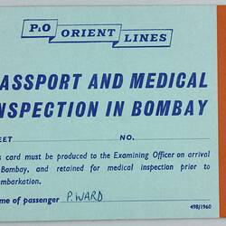 Card - 'Through Passenger's Landing Card', 'SS Stratheden', Nov 1961