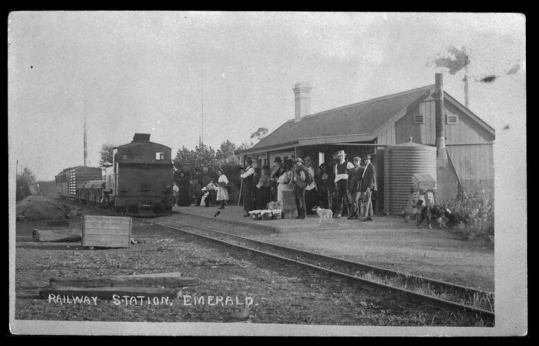 People, goods and dogs on the railway station platform. Train near platform.