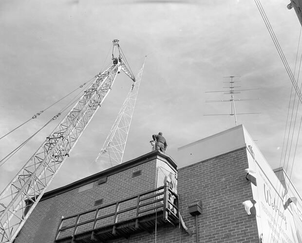 Webbs Radio & Electrical, Crane Lifting Transmitter, Ormond, Victoria, 16 Jun 1959