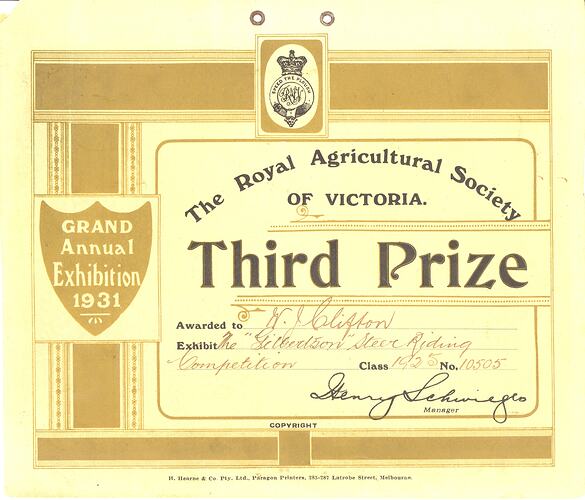 Prize Certificate - Third Prize for the Gilbertson Steer Riding Competition, Victoria, 1931