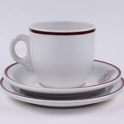 Ceramic cup, saucer and plate from back.