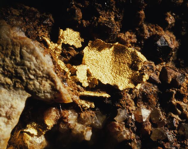 Gold on brown rock.