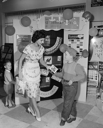 Glazebrooks Paints Australia, Woman & Boy at Promotional Event, Ivanhoe, Victoria, 12 Sep 1959