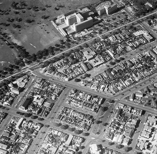 Monochrome aerial photograph of Melbourne.