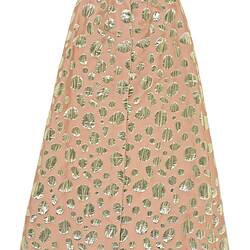 Full-length cape, salmon pink with metallic gold circles.