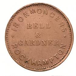 Token - 1 Penny, Bell & Gardner, Ironmongers, Rockhampton, Queensland, Australia, circa 1865