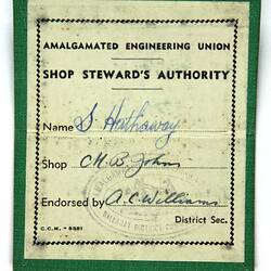 Membership Card - Stanley Hathaway, Amalgamated Engineering Union, Ballarat, Victoria, 1950s