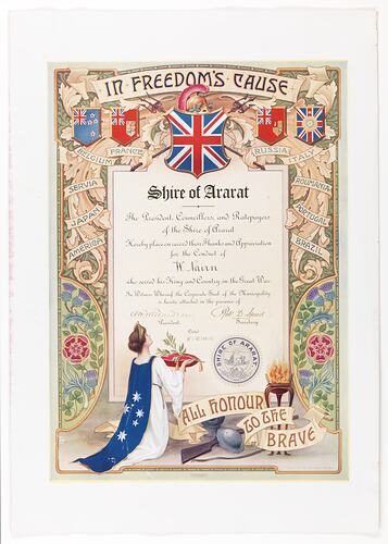 Certificate - W. Nairn, Shire of Ballarat, World War I, 8 Aug 1918