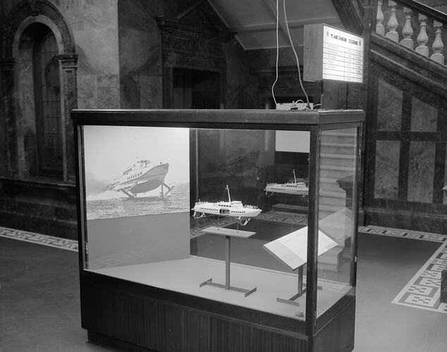 Model of P.T. 50 hydrofoil boat in main foyer, Institute of Applied Science (Science Museum), Melbourne, 1966