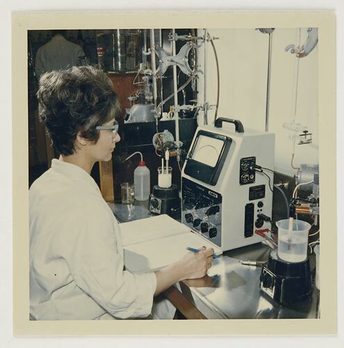 Slide 282C, 'Extra Prints of Coburg Lecture', Analysing Solution Using Titrator, Kodak Factory, Coburg, circa 1960s