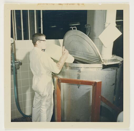 Slide 294, 'Extra Prints of Coburg Lecture', Pouring Chemicals Into Tank, Building 20, Kodak Factory, Coburg, circa 1960s